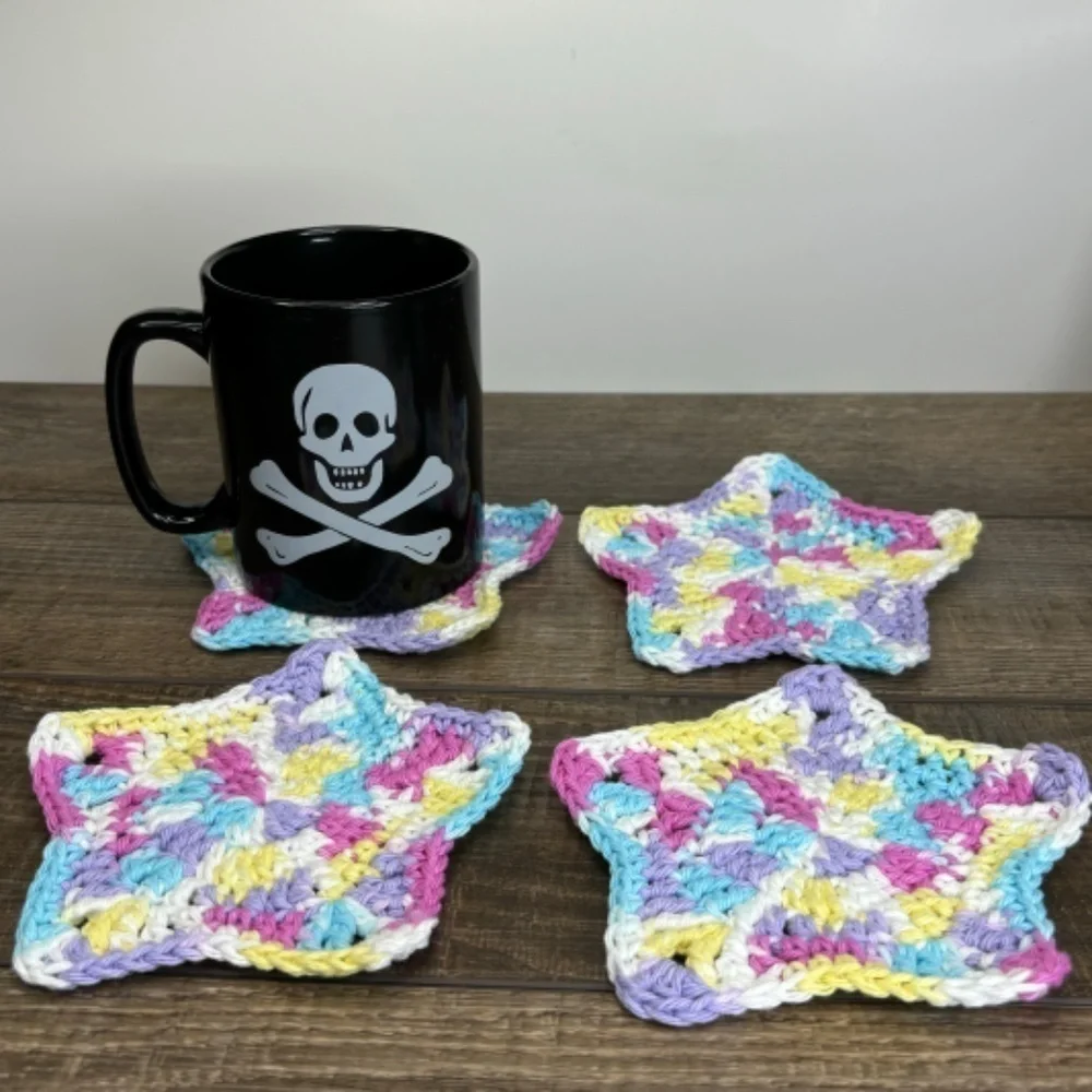 Pastel Star Cup Mug‎ Coasters Set of 4 Handcrafted Crochet by Seller Cotton